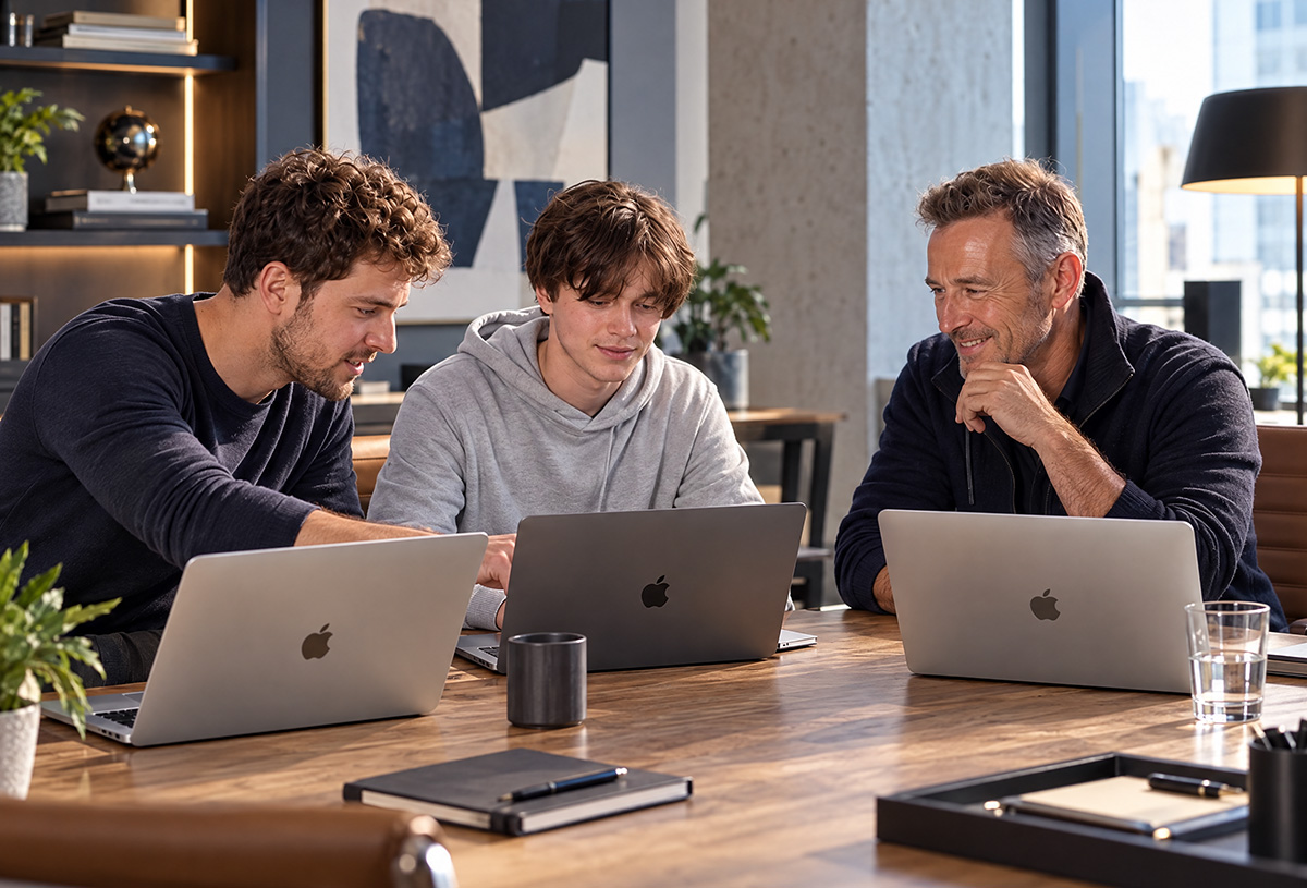 Das Team der JUWE KI-Agentur entwickelt gemeinsam KI-Software und Voicebots an Laptops im Büro