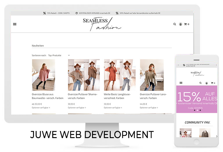 Onlineshop-Referenz der JUWE KI-Agentur: Mode-Shop Seamless Fashion auf Desktop und Smartphone