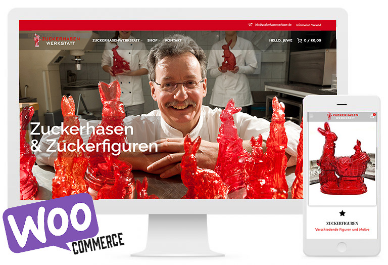 Onlineshop-Referenz der JUWE KI-Agentur: WooCommerce-Shop der Zuckerhasenwerkstatt auf Desktop und Smartphone